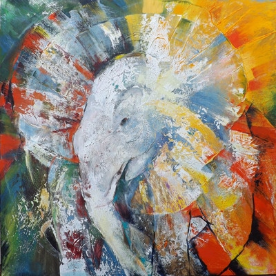 “DANCING ELEPHANT, DAYLIGHT"
Size 36 x 36 inches.
Price $1300
This is an original oil on canvas painting, framed with simple wooden frame.
It is signed on the front, and titled & signed on the back as well.