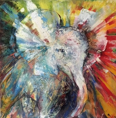 “DANCING ELEPHANT, MORNING"
Size 36 x 36 inches.
Price $1300
This is an original oil on canvas painting, framed with simple wooden frame.
It is signed on the front, and titled & signed on the back as well.