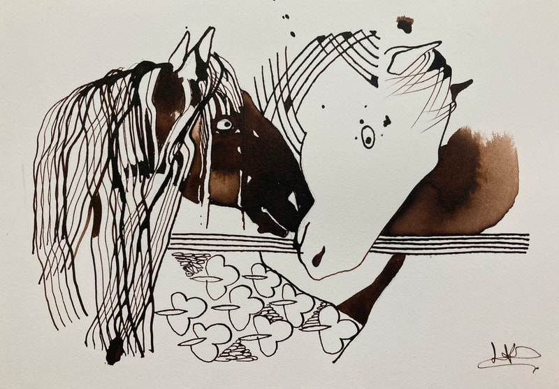 HORSES IN THE STABLE
Original INK painting / drawing  by Katalina Savola.
Size 4x6 inches.
Price $155

All works incorporate a mix of high-quality traditional media, including Sumi and  India inks, watercolor acid-free Arches or Fabriano artist watercolor paper. 
Each work is signed on the front with my initials, and on the back with my name and date completed.
